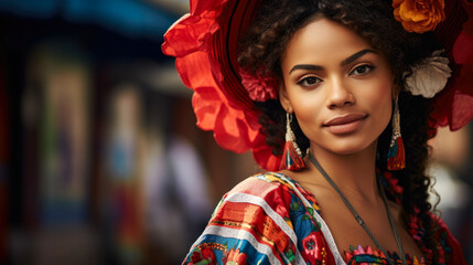 Colombian young beautiful woman wearing a Hispanic traditional costume