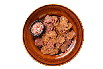 Dried smoked Meat Jerky from beef and pork meat. Transparent background. Isolated
