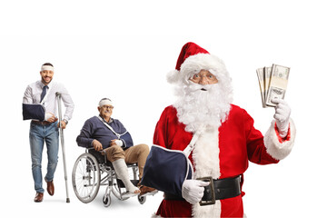 Santa claus with an arm injury standing in front of injured people and holding money