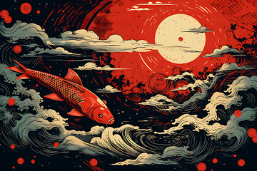 Art of life koi fish in nature, block print style ai generate - obrazy, fototapety, plakaty