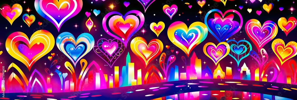 Sticker Abstract hearts led neon lighting on black background.