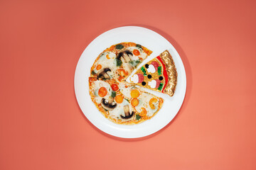 Merry Christmas food offers. Top view veggie pizza and fake pizza slice on the white plate on red...