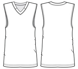 Men's Basketball sleeveless T Shirt vest flat sketch fashion illustration drawing template mock up with front and back view. Basketball jersey Tank top cad drawing template - obrazy, fototapety, plakaty