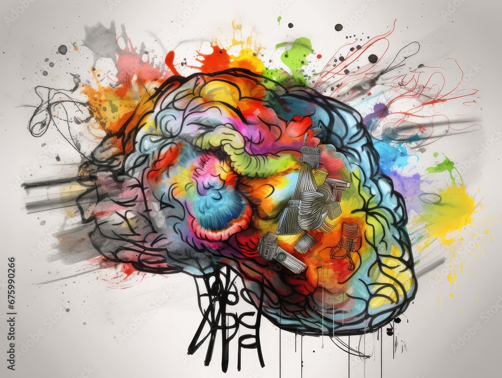 Poster human brain ai colorful doodle illustration, brain learning new knowledge and understanding input th