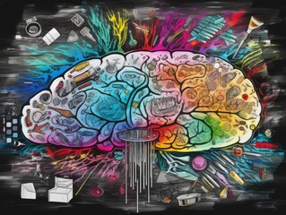colorful human brain anatomy, colored mind scan, multicolored human mind model, left hemisphere, right brain hemisphere, variegated creative mind, brightly mindset, motley whimsical paint line art