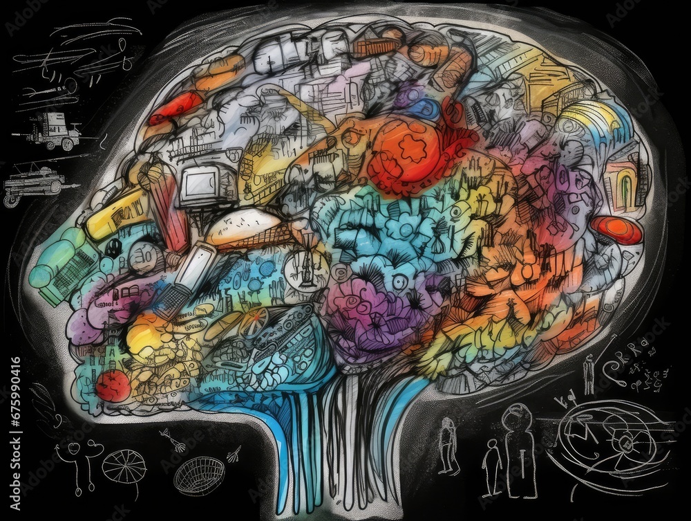 Poster human brain ai colorful doodle illustration, brain learning new soft skills and hard skills through 