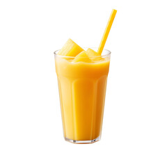 a fresh glass of mango juice with ice cubes and a straw isolated on a transparent background for a cafe or restaurant menu, a cold fruit beverage drink PNG