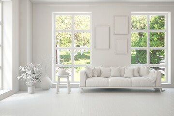 Grey living room concept with sofa and summer landscape in window. Scandinavian interior design. 3D illustration