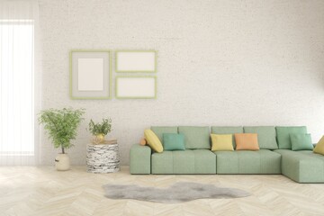 White living room with sofa. Scandinavian interior design. 3D illustration