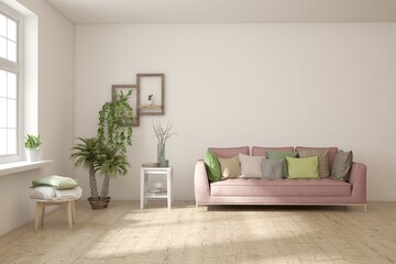 White living room with sofa. Scandinavian interior design. 3D illustration