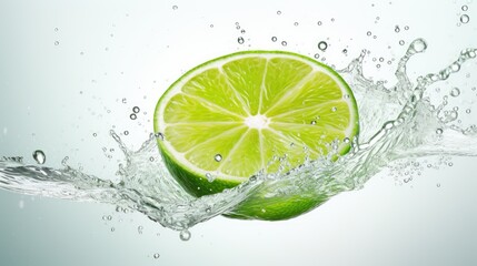  a lime falling into the water with a splash of water on the side of the image and a slice of lime in the middle of the water.  generative ai