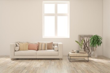 White living room with sofa. Scandinavian interior design. 3D illustration