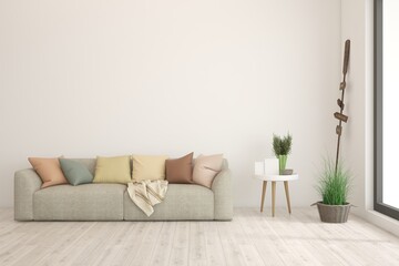 White scandinavian interior design with sofa. 3D illustration