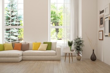 White living room with sofa and summer landscape in window. Scandinavian interior design. 3D illustration