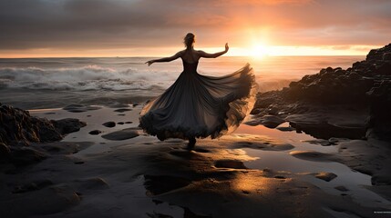 Fototapeta na wymiar a woman in a long dress is standing on a rocky beach as the sun sets over the ocean behind her. generative ai