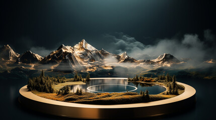 Majestic Mountains with Golden Circular Platform

