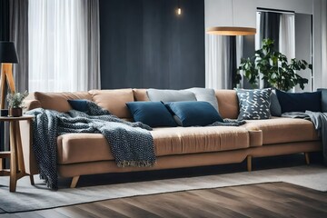 sofa with modern furniture, and a spotty blanket lying on it