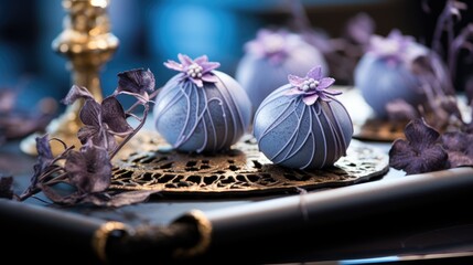  a close up of three chocolates on a doily with purple flowers and a gold candle holder in the background.  generative ai - obrazy, fototapety, plakaty