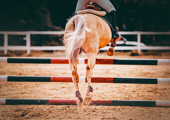 A horse leaping over a barrier at an equestrian competition, seen from behind. The skill and the...