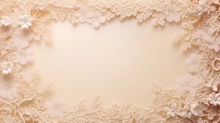  a close up of a white lace border on a beige background with a place for a text or an image.  generative ai