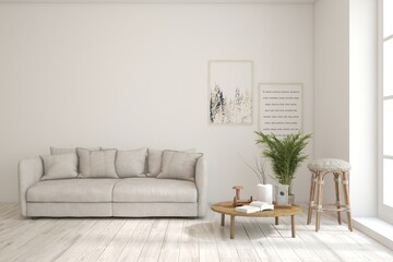 White modern interior design with sofa. Scandinavian interior design. 3D illustration
