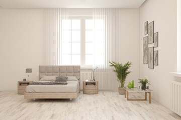 White bedroom concept. Scandinavian interior design. 3D illustration