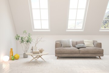 White modern interior design with sofa. Scandinavian interior design. 3D illustration