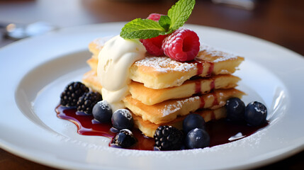 Gourmet Pancakes with Fresh Berries and Cream on Elegant Plate