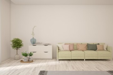White modern interior design with sofa. Scandinavian interior design. 3D illustration