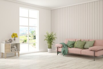 Bright interior design with modern furniture and summer landscape in window. 3D illustration