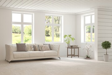 Fototapeta premium Bright interior design with modern furniture and summer landscape in window. 3D illustration