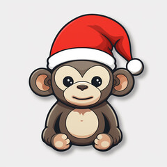 baby monkey in santa's hat without background cartoon charatcer style for christmas postcard, generative AI