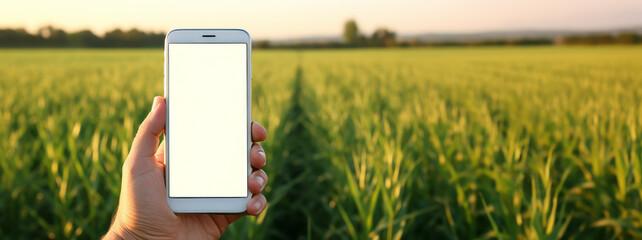 Mock-up smartphone in hand of rice farmer, concept for using tablet application in agricultre for rice or crops growing and rice trading - obrazy, fototapety, plakaty