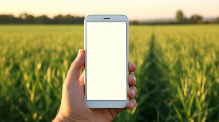 Mock-up smartphone in hand of rice farmer, concept for using tablet application in agricultre for rice or crops growing and rice trading