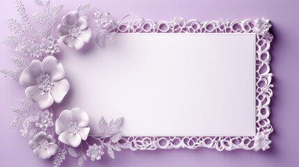  a white frame with white flowers and leaves on a purple background with a place for a text or a picture.  generative ai
