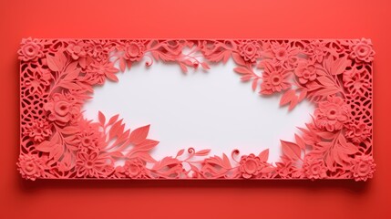  a red paper cut out of flowers and leaves on a red background with a place for an inscription in the center.  generative ai