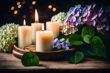 aroma candle and Hydrangea for June background.