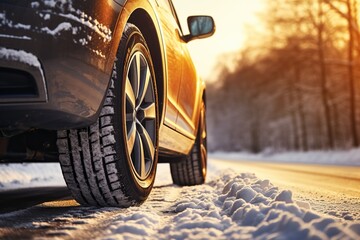 Close-Up of Car Tires on Snowy Path - obrazy, fototapety, plakaty
