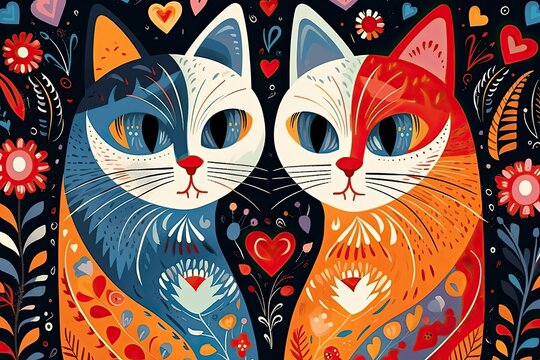 Creative illustration of two cats sitting opposite each other on a dark background with red hearts and flowers. Happy Valentine's Day.