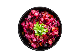 Russian beetroot vegetable salad vinaigrette in a pan.  Transparent background. Isolated