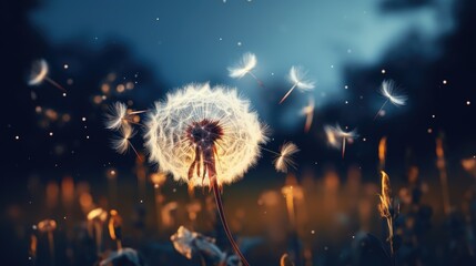 A black backdrop with a dandelion in the wind. Generative Ai.