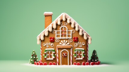  a gingerbread house decorated with icing, candy, and candy canes on a green background with a green backdrop.  generative ai