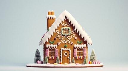  a gingerbread house with icing and decorations on top of a snow covered ground with a blue sky in the background.  generative ai