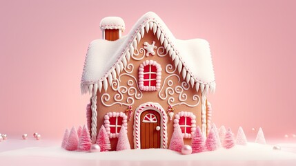  a gingerbread house with icing on the roof and decorations on the front and side of the house on a pink background.  generative ai