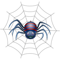 Spider on the web isolated on white background. Vector cartoon illustration.