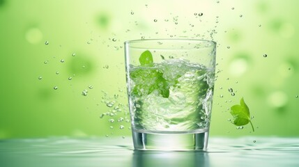  a close up of a glass of water with ice and a green leaf on a green background with water droplets.  generative ai
