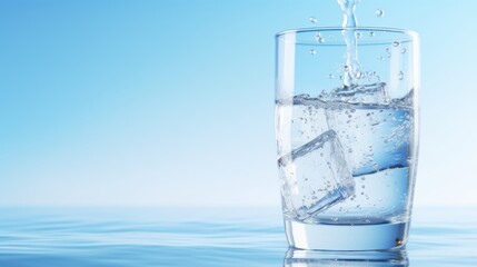  a glass of water with ice cubes on the edge of the glass and a blue sky in the background.  generative ai