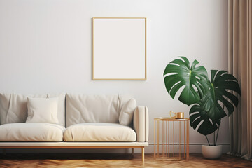 mockup poster frame,in a living room with a stylish couchand vibrant Monstera plant
