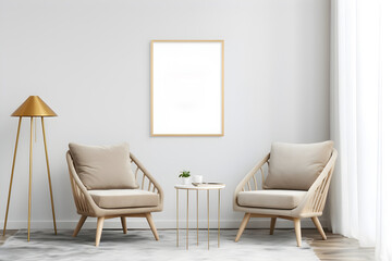 mockup frame in a comfortable living room with stylish chairs, a chic table, and a warm lamp