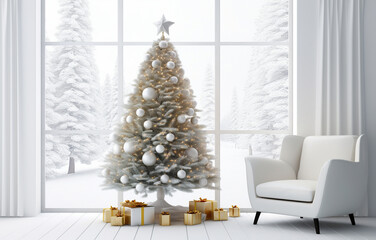 Christmas tree with holiday decor near white sofa in modern room design, winter holiday concept